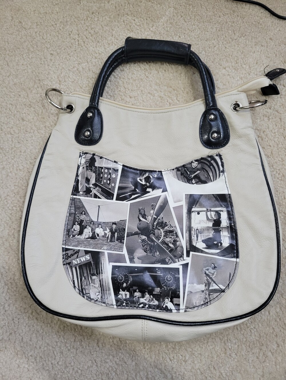 Vintage Boeing News Leather Handbag Retro WWII Aviation Photo Print Satchel Bag